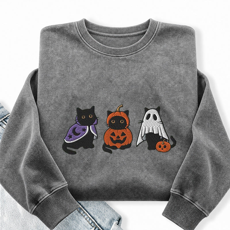 Embroidered Funny Halloween Black Cats Washed Crewneck Sweatshirt