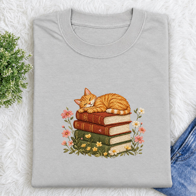 Embroidered Cat Sleeping On Books Classic Crew Neck T-Shirt