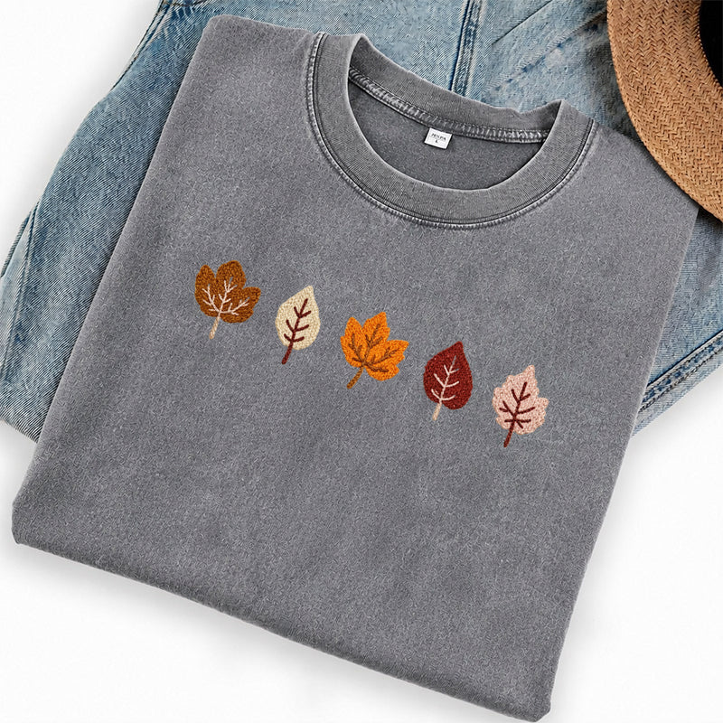 Embroidered Fall Leaves Washed Crew Neck T-Shirt