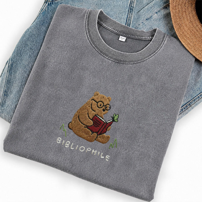 Embroidered Reading Bear Washed Crew Neck T-Shirt