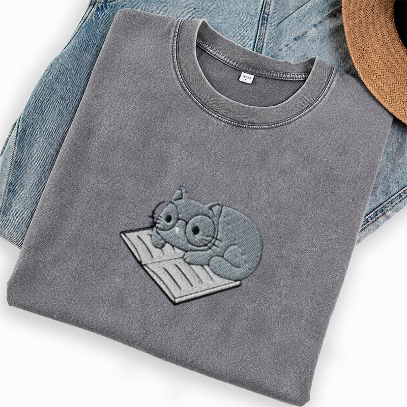 Embroidered Cat On Book Washed Crew Neck T-Shirt