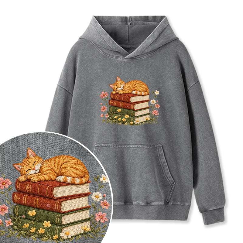 Embroidered Cat Sleeping On Books Washed Hoodie