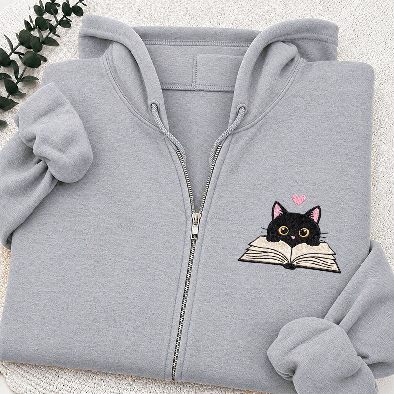 Embroidered Reading Black Cat Classic Adult Unisex Full Zip Hoodie