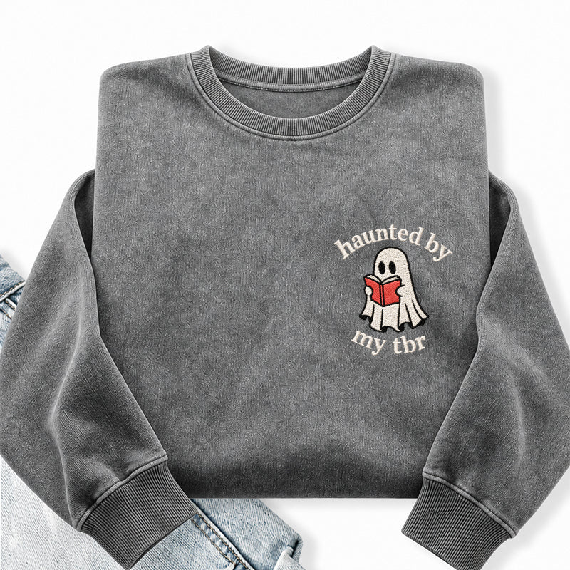 Embroidered Haunted By My TBR Washed Crewneck Sweatshirt