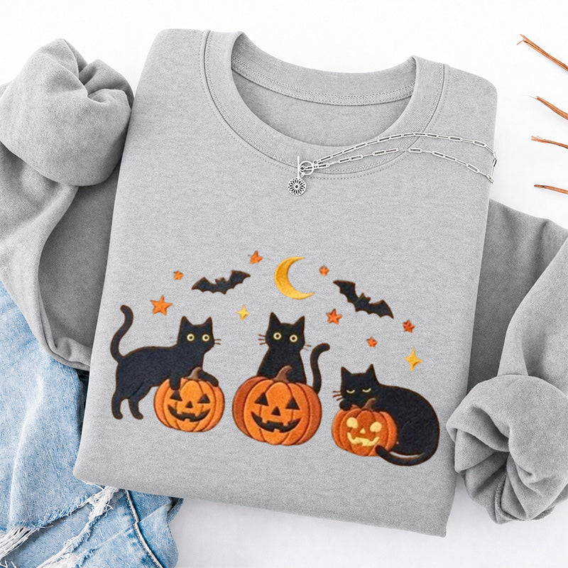 Embroidered Black Cats and Pumpkin Halloween Classic Crewneck Sweatshirts