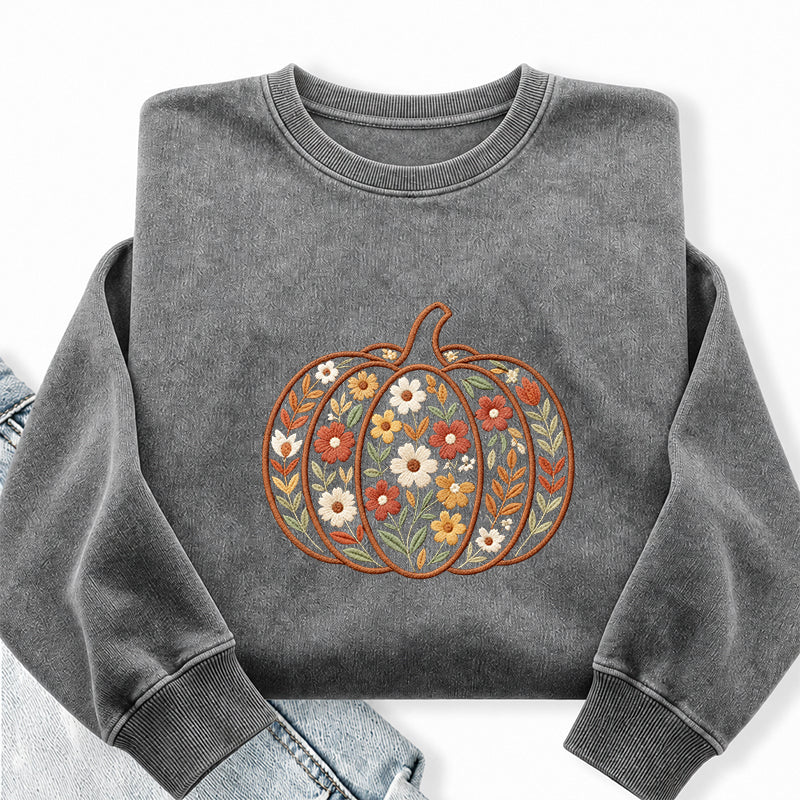 Embroidered Floral Pumpkin Washed Crewneck Sweatshirt