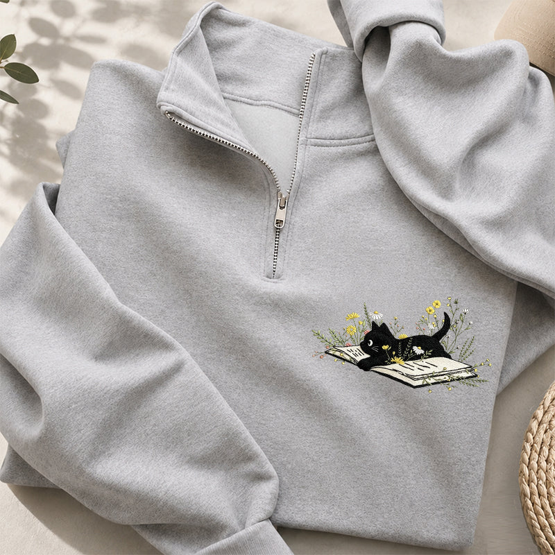 Embroidered Floral Book Cat Classic Quarter Zip Sweatshirt
