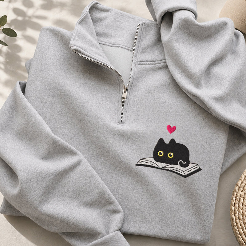Embroidered Black Cat and Book Classic Quarter Zip Sweatshirt