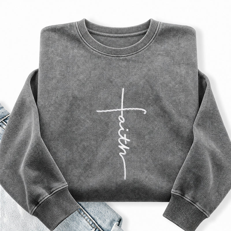 Embroidered Faith Christian Washed Crewneck Sweatshirt