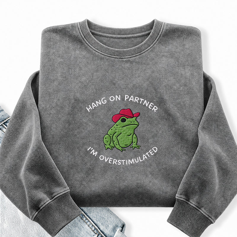 Embroidered Hang On Partner Cowboy Frog Washed Crewneck Sweatshirt