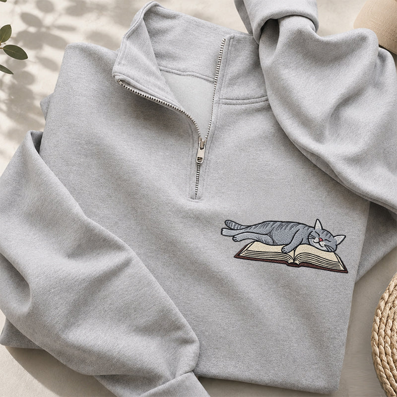 Embroidered Cat Sleeping On The Book Classic Quarter Zip Sweatshirt
