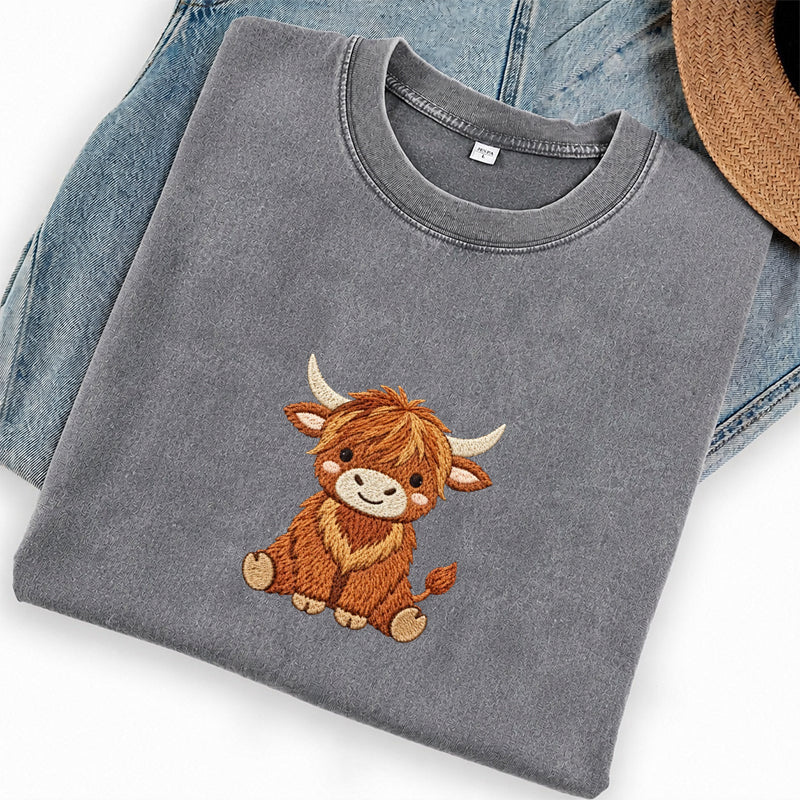 Embroidered Highland Cow Washed Crew Neck T-Shirt