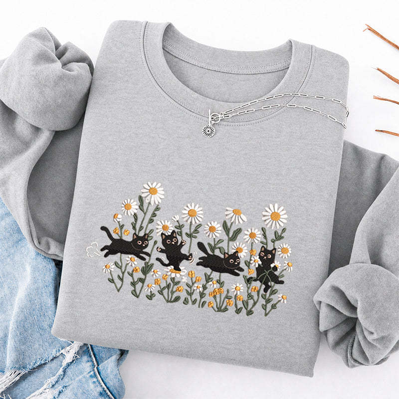 Embroidered Garden Playing Cats Daisy Classic Crewneck Sweatshirt