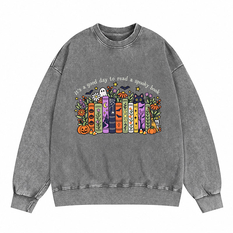 It's a Good Day to Read a Spooky Book Washed Crewneck Sweatshirt