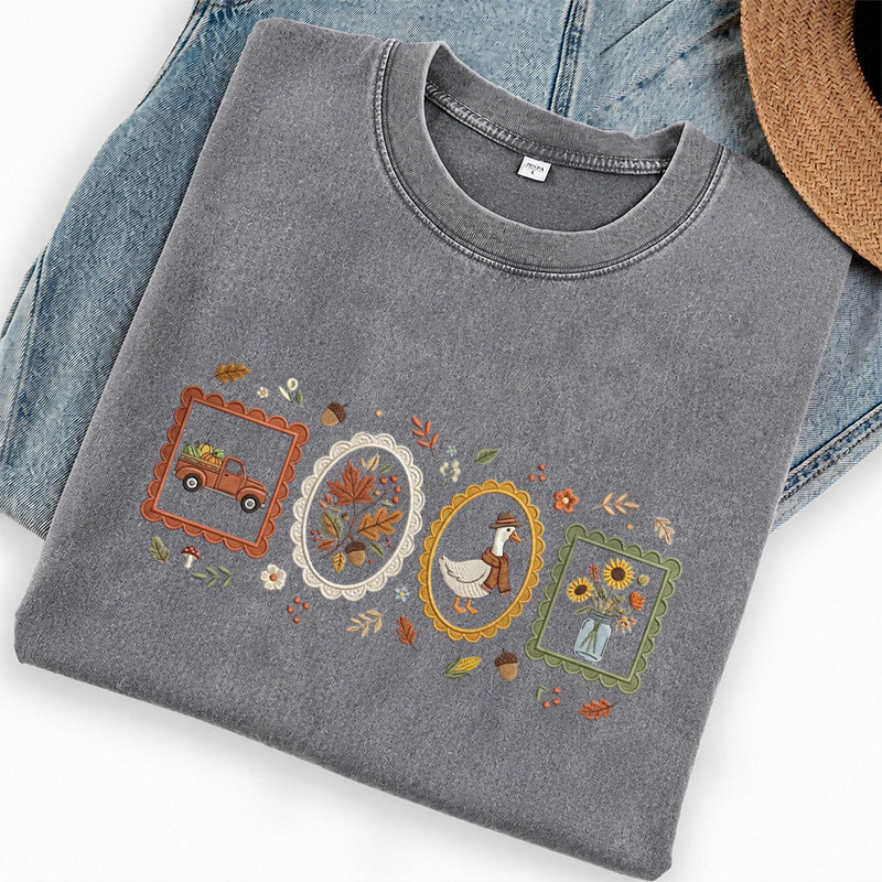 Embroidered Autumn Postcards Washed Crew Neck T-Shirt