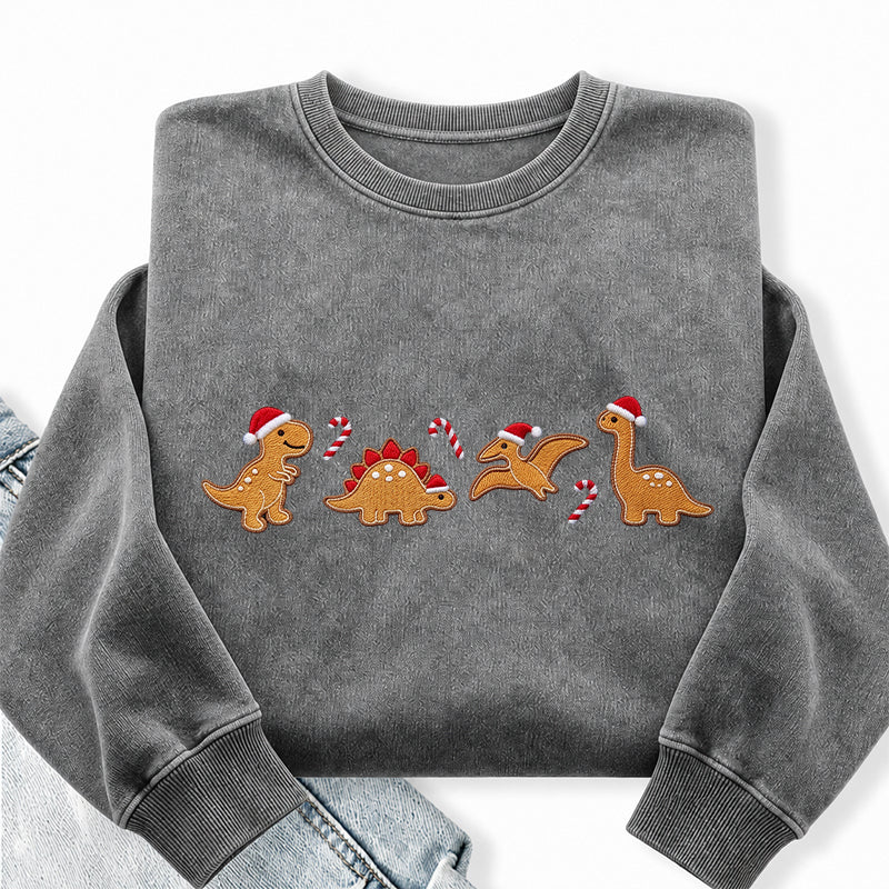 Embroidered Gingerbread Dinosaur Washed Crewneck Sweatshirt