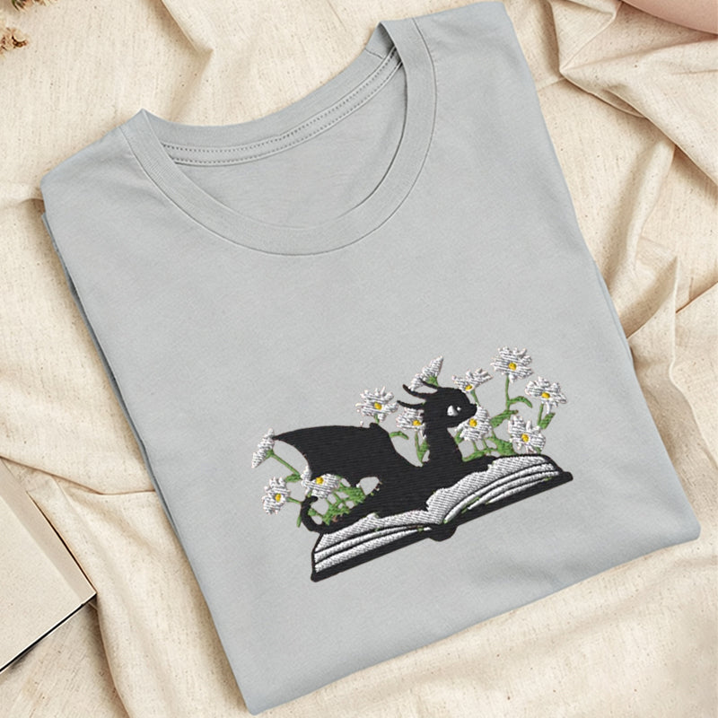 Embroidered Floral Dragon Book Classic Adult Unisex Crew Neck T-Shirt