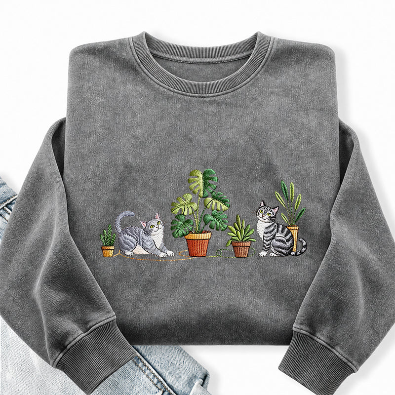 Embroidered Plants And Cat Washed Crewneck Sweatshirt
