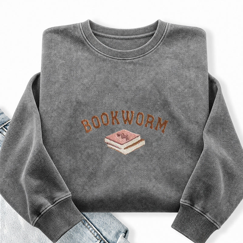 Embroidered Bookworm Washed Crewneck Sweatshirt