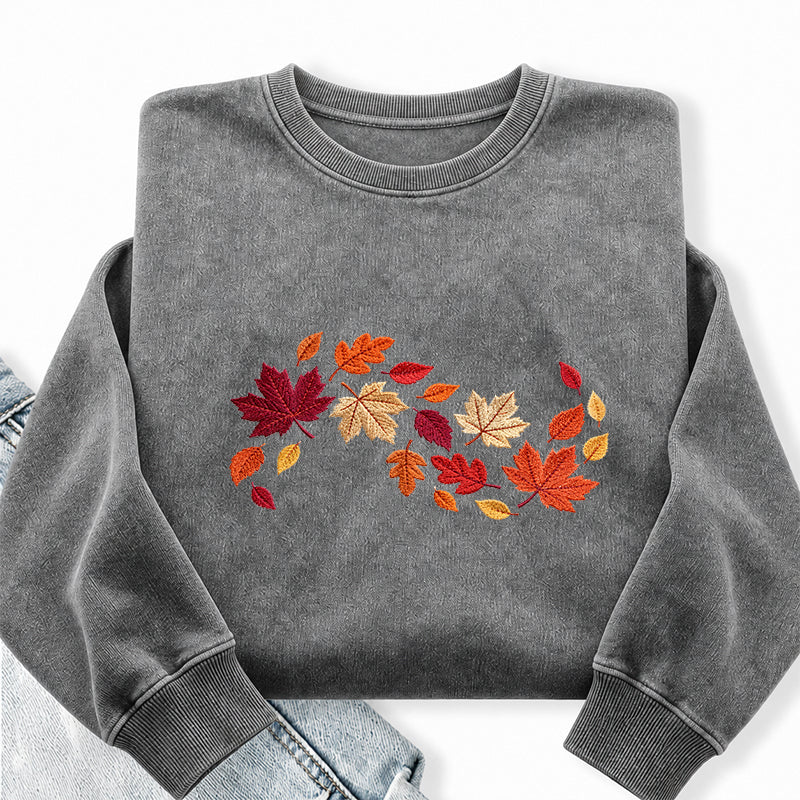 Embroidered Autumn Leaves Washed Crewneck Sweatshirt