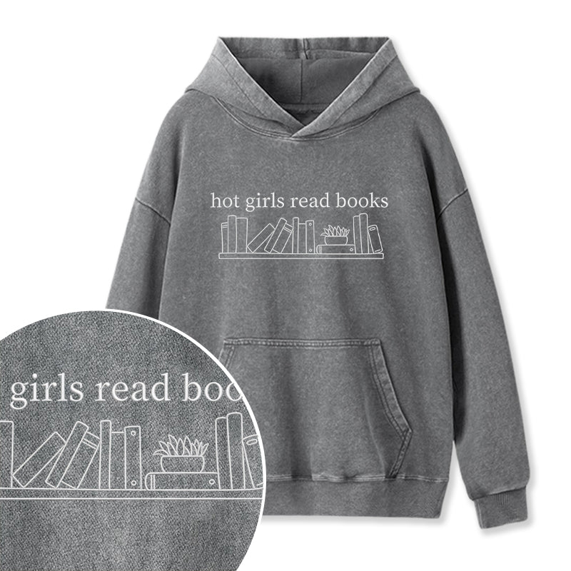 Embroidered Hot Girls Read Books Washed Hoodie