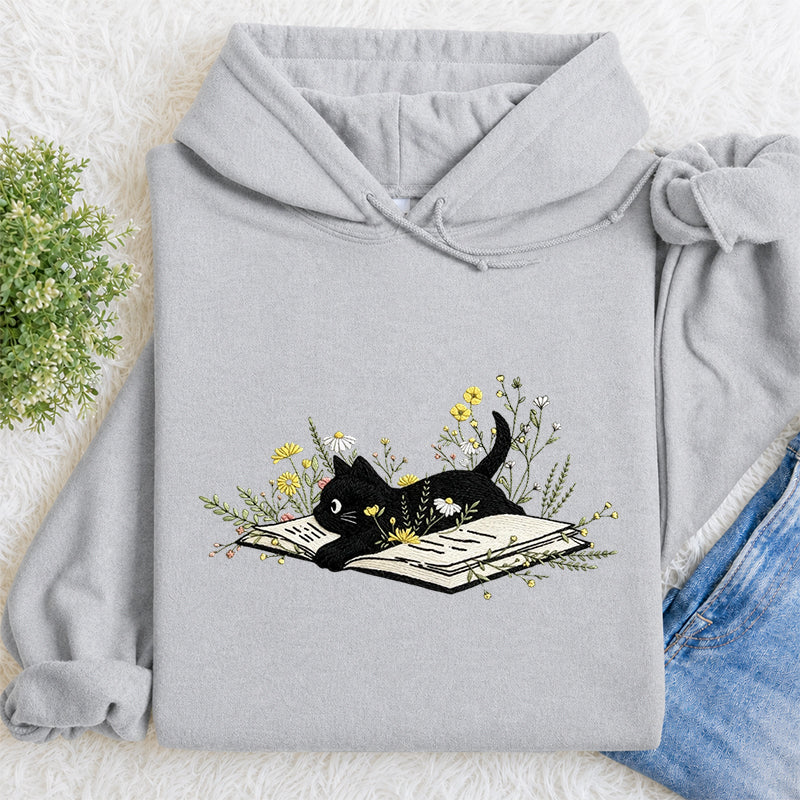 Embroidered Floral Book Cat Classic Adult Unisex Hoodie