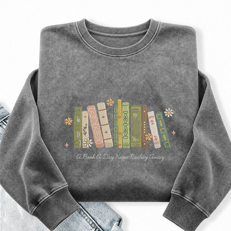 Embroidered A Book A Day Washed Crewneck Sweatshirt