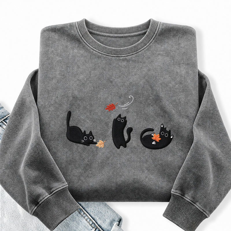 Embroidered Black Cats and Fall Leaves Washed Crewneck Sweatshirt