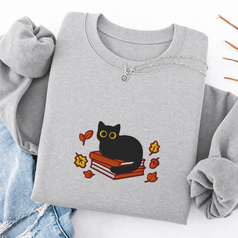 Embroidered Autumn Black Cat Book Classic Crewneck Sweatshirt