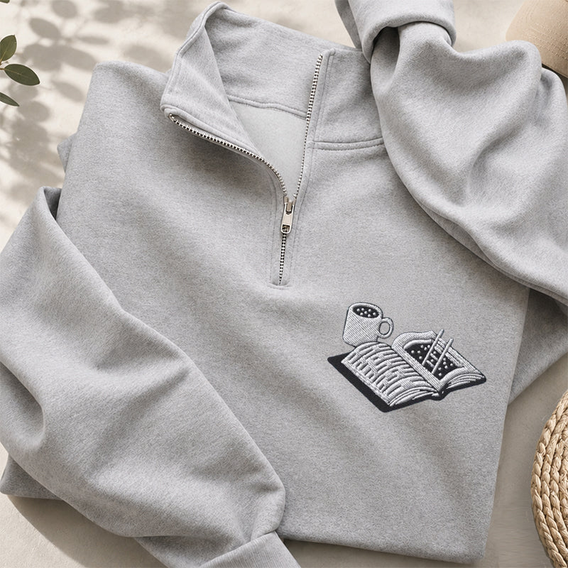 Embroidered Coffee & Reading Classic Quarter Zip Sweatshirt