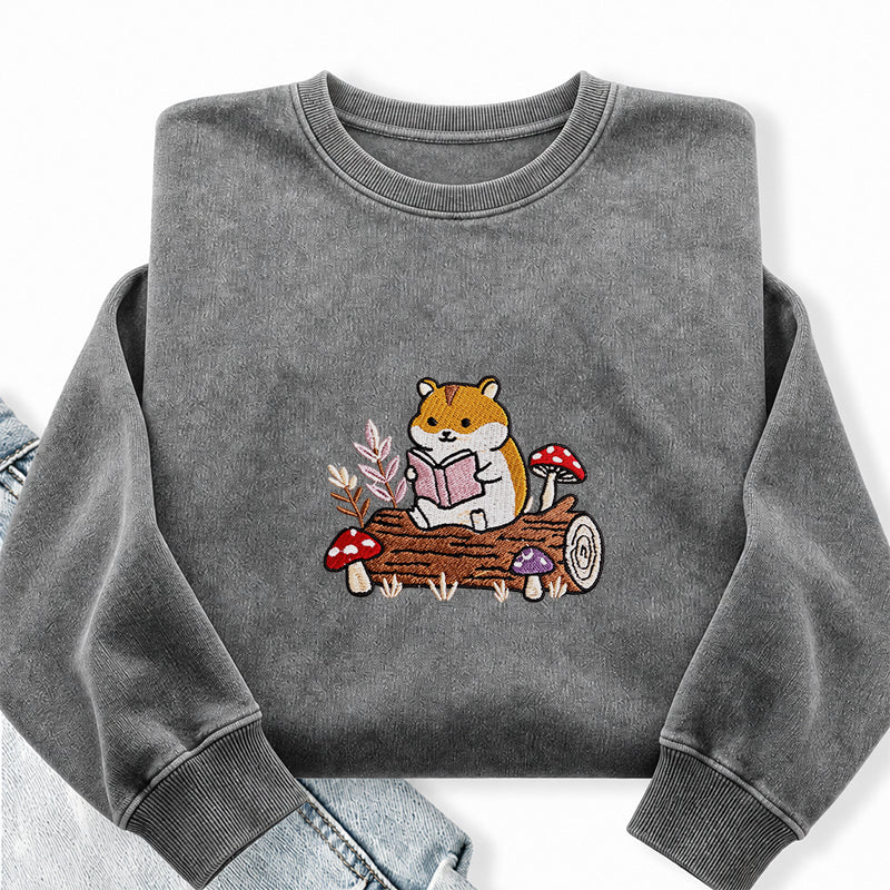 Embroidered Hamster Reading Books Washed Crewneck Sweatshirt