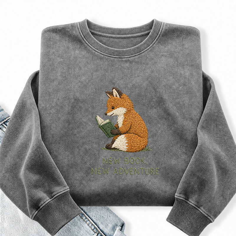 Embroidered New Book New Adventure Washed Crewneck Sweatshirt