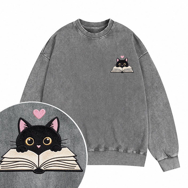 Embroidered Reading Black Cat Washed Crewneck Sweatshirt