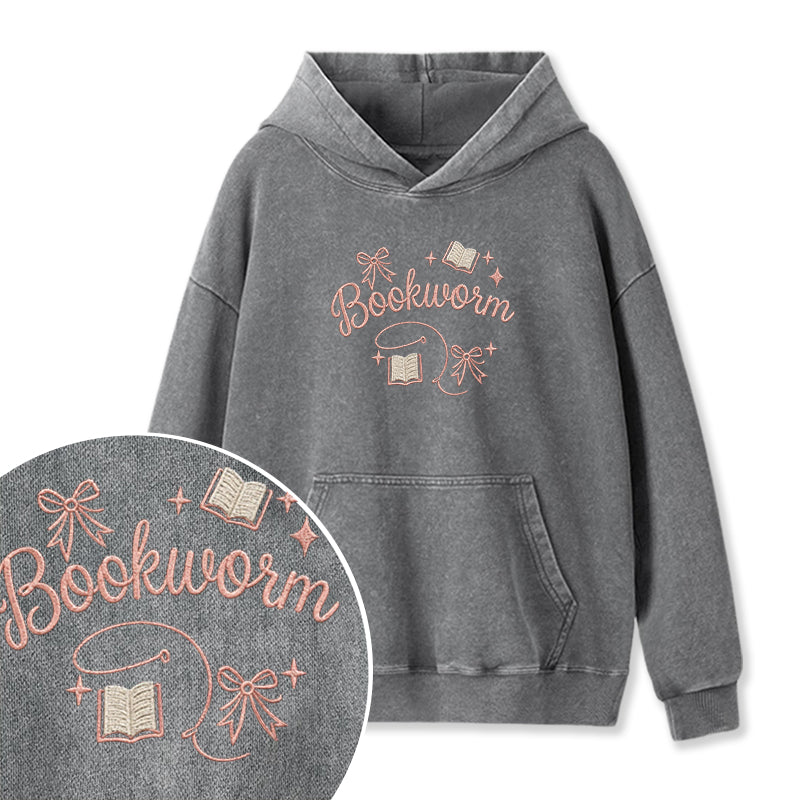 Embroidered Funny Bookworm Washed Hoodie