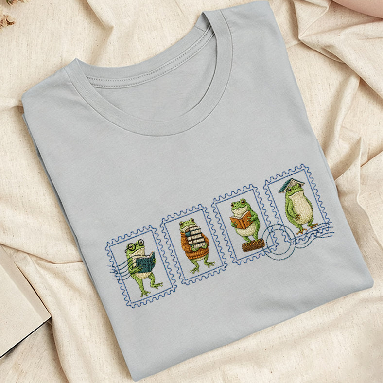 Embroidered Bookish Frog Stamp Classic Adult Unisex Crew Neck T-Shirt