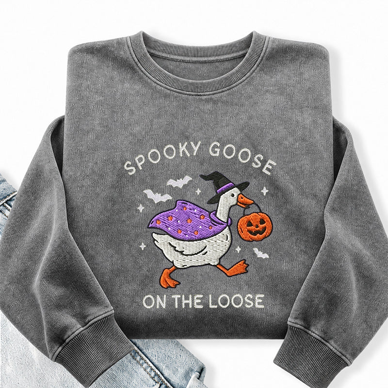 Embroidered Spooky Goose Washed Crewneck Sweatshirt