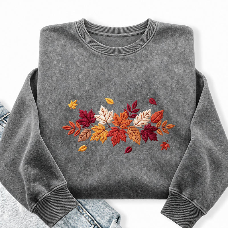 Embroidered Cozy Autumn Leaves Washed Crewneck Sweatshirt