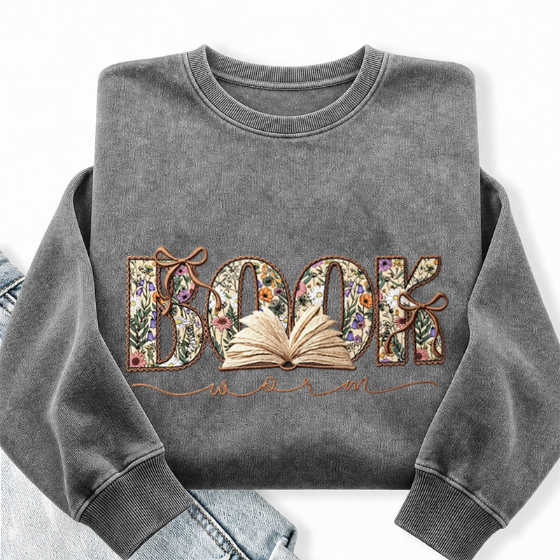 Embroidered Boho Wildflower Bookworm Washed Crewneck Sweatshirt