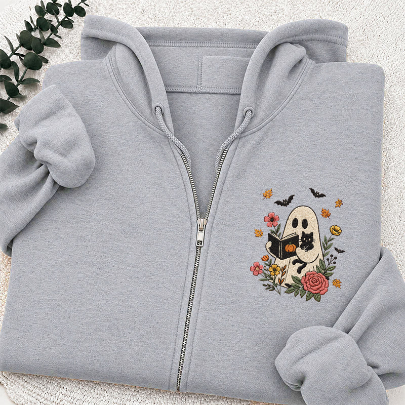 Embroidered Floral Ghost Reading Classic Full Zip Hoodie