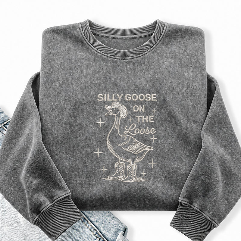 Embroidered Cowboy Silly Goose On The Loose Washed Crewneck Sweatshirt