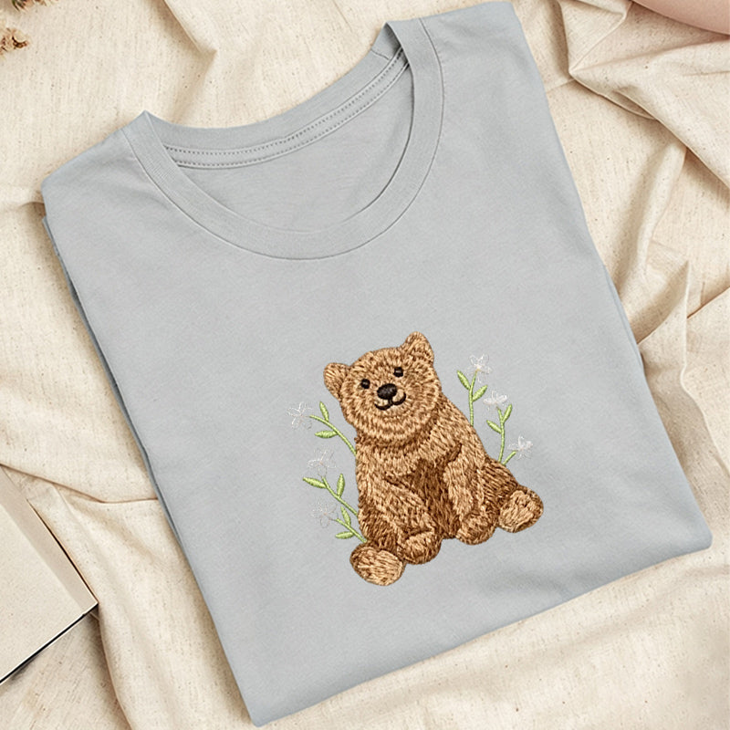 Embroidered Floral Bear Classic Adult Unisex Crew Neck T-Shirt