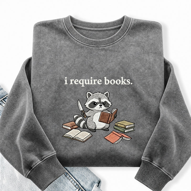 Embroidered I Require Books Raccoon Washed Crewneck Sweatshirt