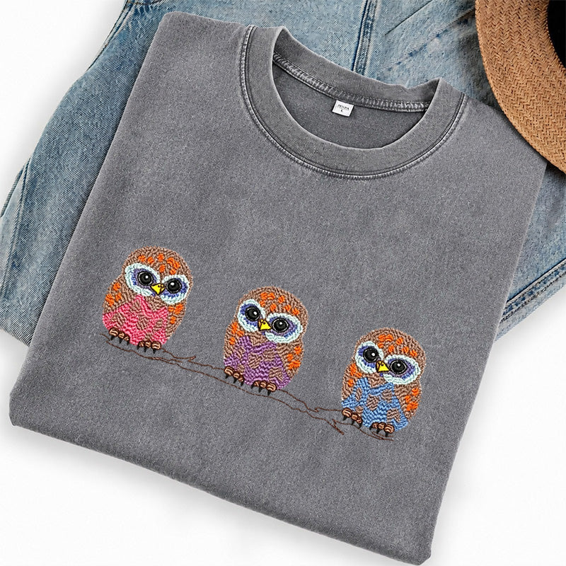 Embroidered Cute Owl Washed Crew Neck T-Shirt