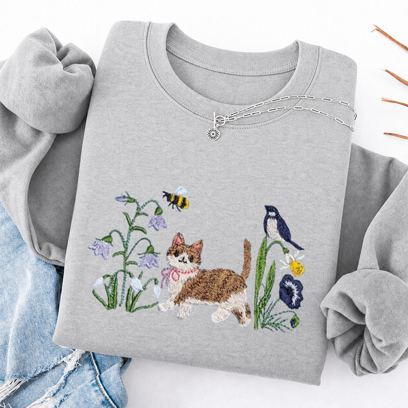 Embroidered Cat Wildflower Classic Crewneck Sweatshirt