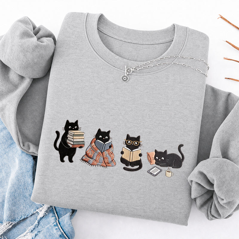 Embroidered Bookish Black Cats Classic Crewneck Sweatshirt