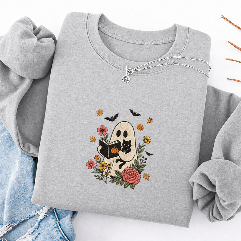 Embroidered Floral Ghost Reading Classic Crewneck Sweatshirt