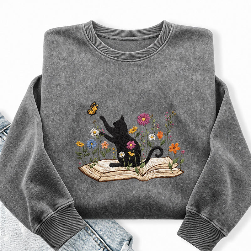 Embroidered Floral Book Cat Washed Crewneck Sweatshirt