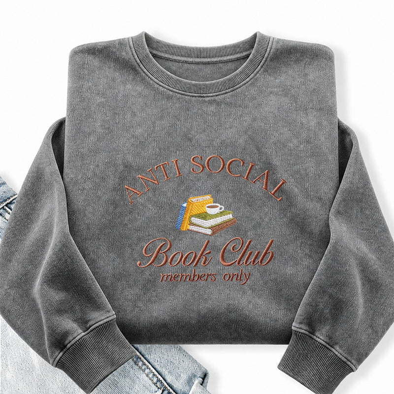 Embroidered Anti Social Book Club Washed Crewneck Sweatshirt