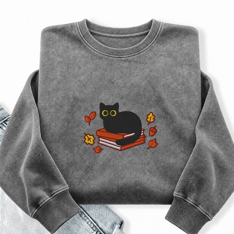 Embroidered Autumn Black Cat Book Washed Crewneck Sweatshirt