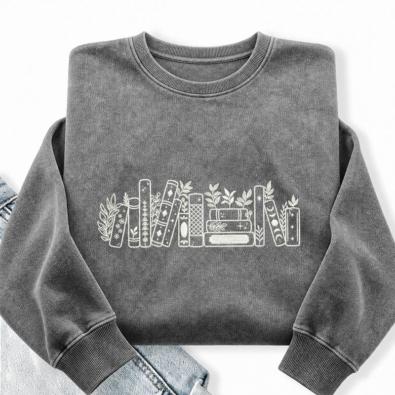 Embroidered Flower Book Washed Crewneck Sweatshirt